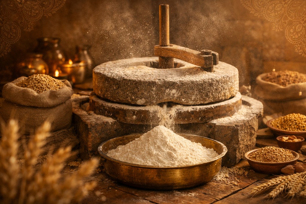 Traditional stone chakki millstone grinding fresh flour, surrounded by grains and wheat